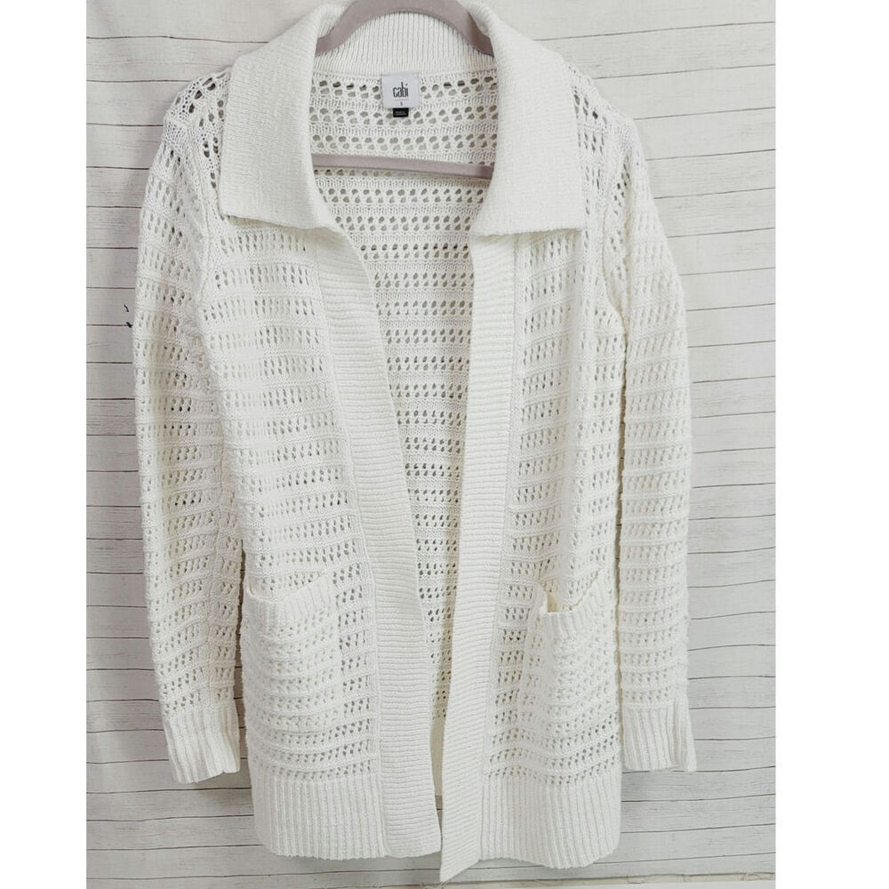 CAbi Open Stitch Long Sleeves Cardigan Sweater in White, sz Small